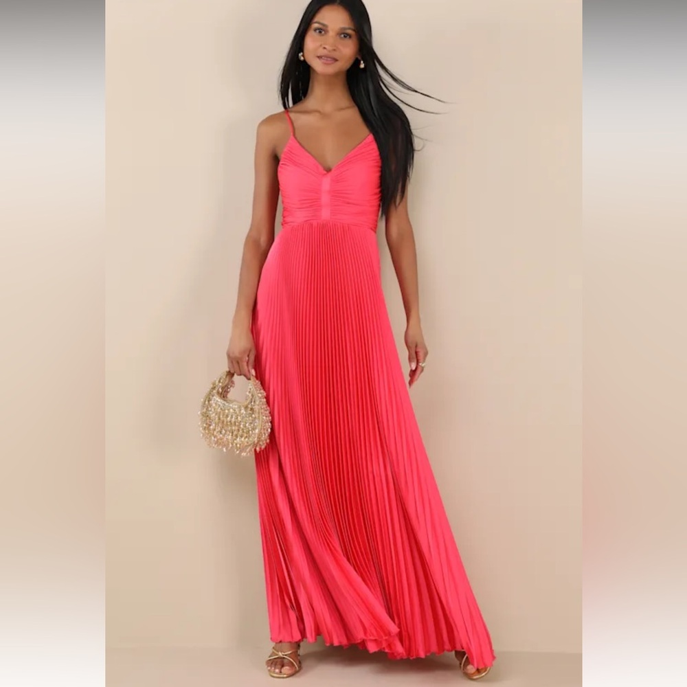 Lulu’s Dreaming in Color Coral V-Neck Pleated Satin Maxi Dress